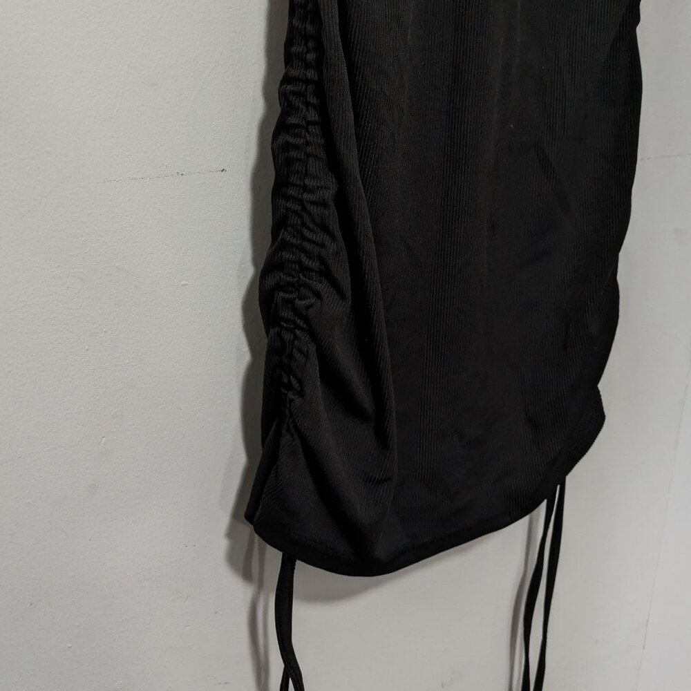 Black Short Sleeved Ribbed and Ruched Shirt Dress - Picture 3 of 4